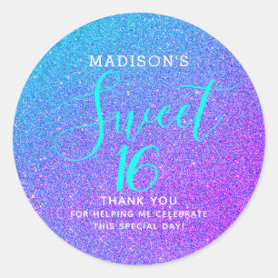 Söt 16 Teal Lila Glitter Tack Monogram Runt Klistermärke