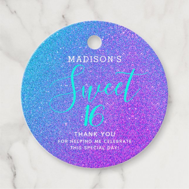 Söt 16 Teal Lila Glitter Tack Namn Gåvor Etiketter (Framsida)