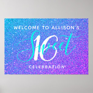 Söt 16 Teal Lila Glitter Välkomsthälsning Personli Poster