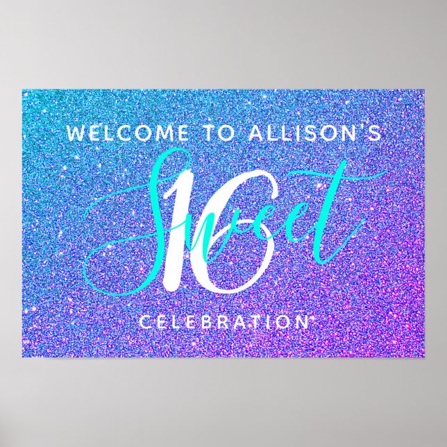 Söt 16 Teal Lila Glitter Välkomsthälsning Personli Poster (Framsidan)