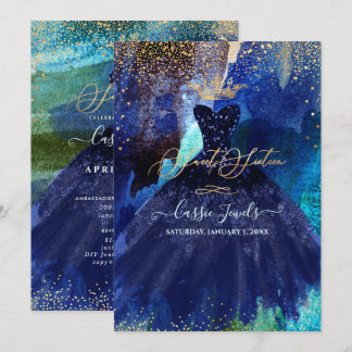 Söt 16 Teal Marinblå Akvarellklänning Inbjudningar
