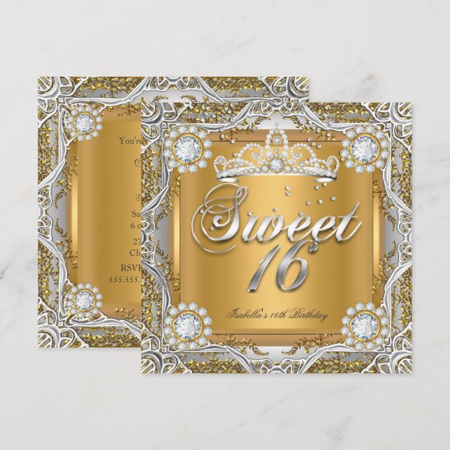 Söt 16 Tiara Guld Silver Diamant Födelsedagsfest Inbjudningar (Fram/baksida)
