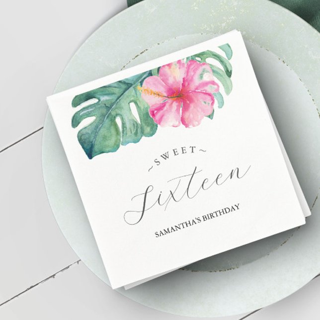 Söt 16 Tropisk Tema Födelsedag Vattenfärg Pappersservett (Birthday party sweet 16 napkins with tropical theme watercolor art by Victoria Grigaliunas)