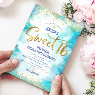 Söt 16 Turkos Watercolor Guld Birthday Modern Inbjudningar