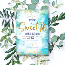 Söt 16 Turkos Watercolor Guld Girly Birthday