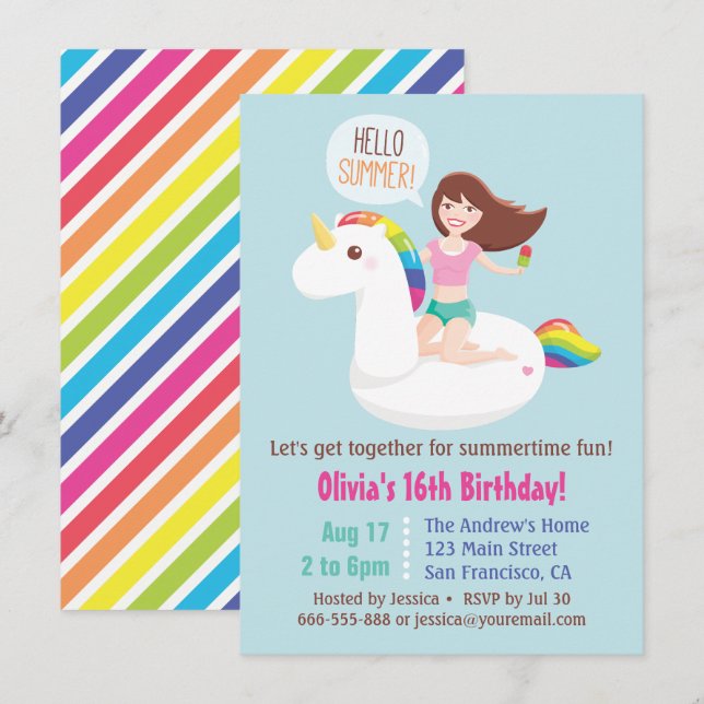 Söt 16 Unicorn Bassäng Flyter sommarFödelsedagsfes Inbjudningar (Fram/baksida)