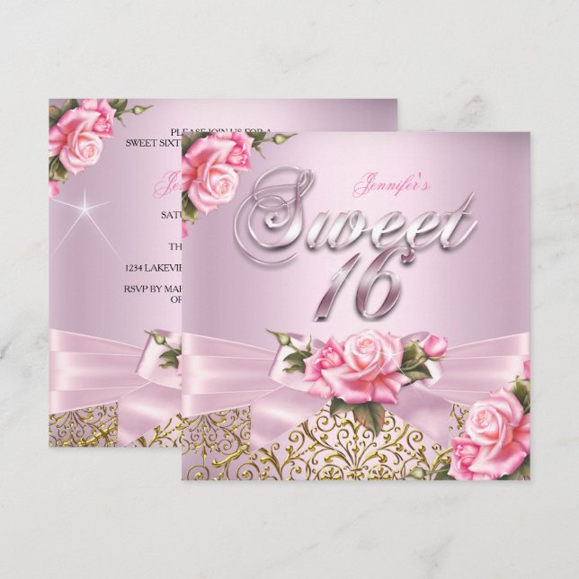 Söt 16 vacker rosa ros födelsedagsfest inbjudningar (Fram/baksida)