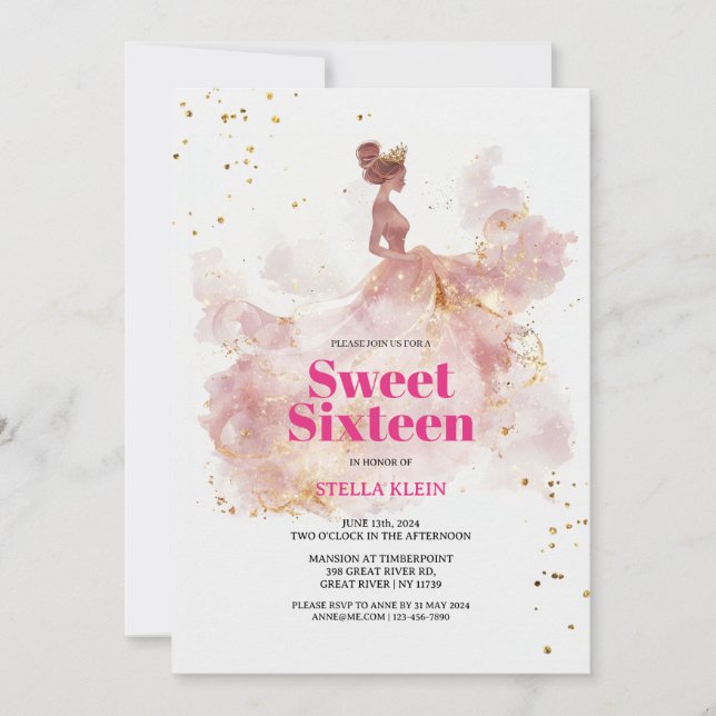 Söt 16 Vattenfärg Guld och Rosa Glitter Inbjudningar (Framsida)