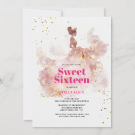 Söt 16 Vattenfärg Guld och Rosa Glitter Inbjudningar