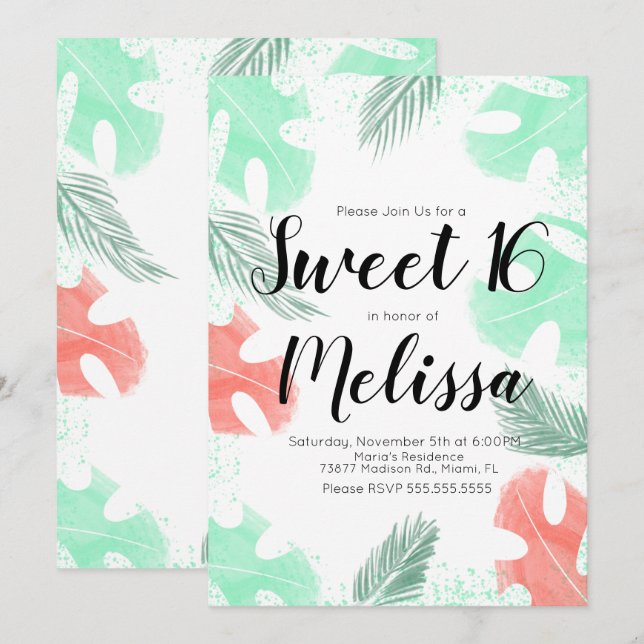 Söt 16 Vattenfärg Monstera Korall Mintblad Inbjudningar (Fram/baksida)