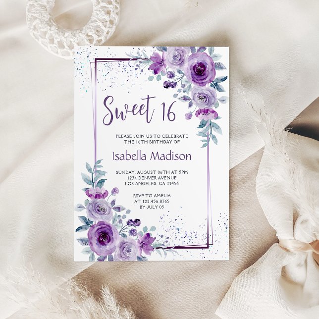 Söt 16 Vattenfärgad Ro Lila Ram Blommigt Inbjudningar (Sweet 16 Watercolor Rose Purple Frame Floral Invitation
)