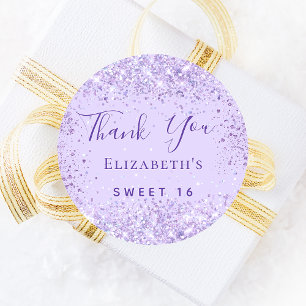 Söt 16 violett glitter namn tack. runt klistermärke