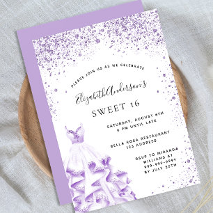 Söt 16 violett vit klänning glitter glam inbjudningar