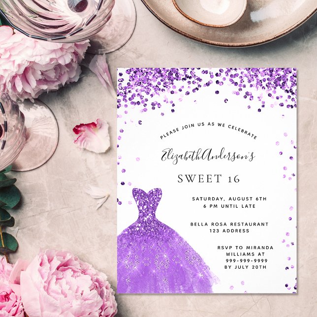 Söt 16 violett vit klänning glitter inbjudan (Skapare uppladdad)