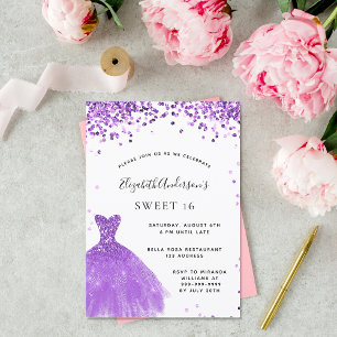 Söt 16 violett vit klänning glitter lyx inbjudningar