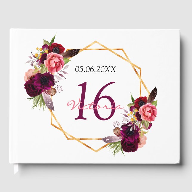 Söt 16 vit burgundisk blommigt, geometrisk gästböcker (Framsida)