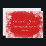 Söt 16 Winter Wonderland Snowflake Red Tack Kort<br><div class="desc">Vintervintern Söderland 16 födelsedagskalendrar tack vare ditt kort har du en vacker kalligrafi omgiven av en lush snöflake och snö gräns. Snöflingor går mot sötens röda bakgrund. Du kan faktiskt ändra bakgrunden färg till valfritt färg. All återstående text kan redigeras. Denna punkt är en del av Winter Wonderland Snowflake-samlingen. Den...</div>