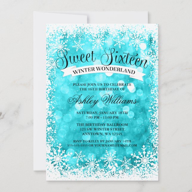 Söt 16 Winter Wonderland Teal Glitter Ljus Inbjudningar (Framsida)