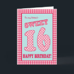 Söt 16th födelsedag för röda kontrollPolkas för Inbjudan<br><div class="desc">Ett sött 16th födelsedagkort för en vän,  med en nätt retro känselförnimmelse. Breven,  numrerar,  och gränsen är i rött,  och den vitkontrollgingham och polka dots på en himmel slösar bakgrund. Du kan ändra det inre meddelandet,  om du önskar.</div>