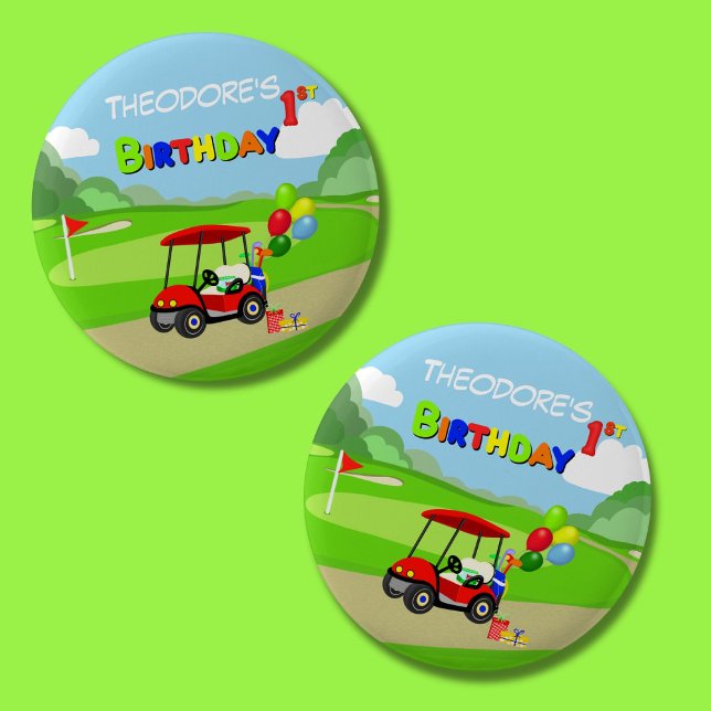 Söt 1-års födelsedag Röd Golf Cart Pojke Knapp (Skapare uppladdad)