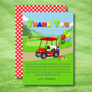 Söt 1-års födelsedag Röd Golf Cart Pojke Tack Kort