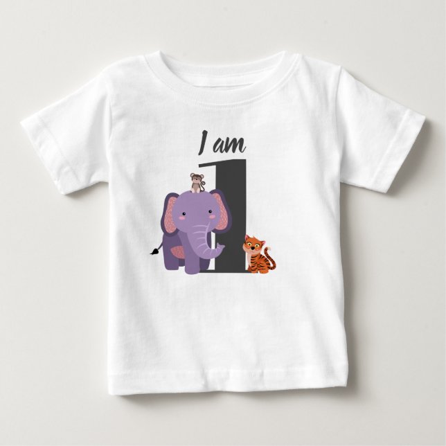 Söt 1-års födelsedag Safari Elefant Tiger Apa T Shirt (Framsida)