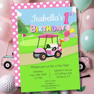 Söt 1-årsdag prickig rosa flickaktig golf inbjudningar
