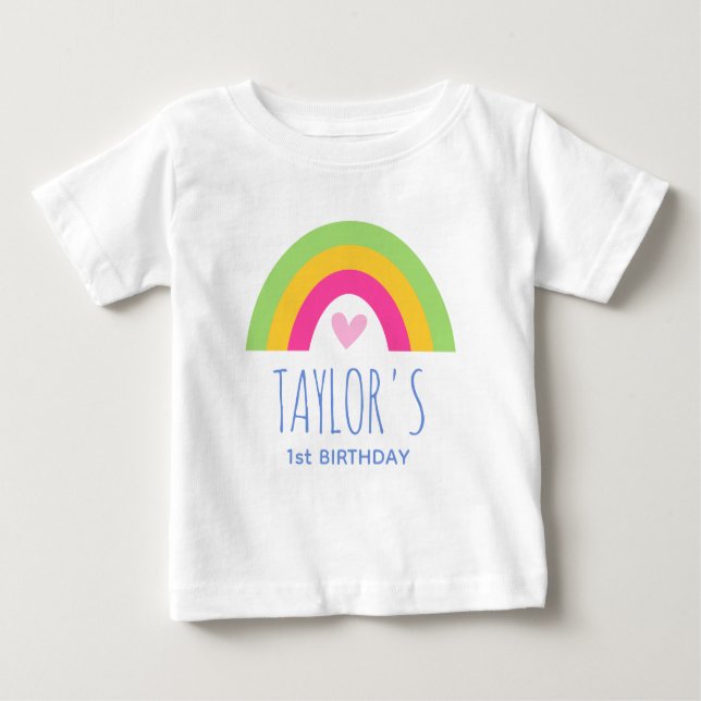 Söt 1-årsdag Rainbow Anpassat Namn Rosa Grön T Shirt (Framsida)