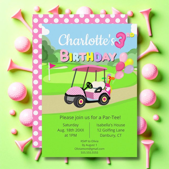 Söt 3-årsdag prickig rosa flickaktig golf  inbjudningar (Skapare uppladdad)