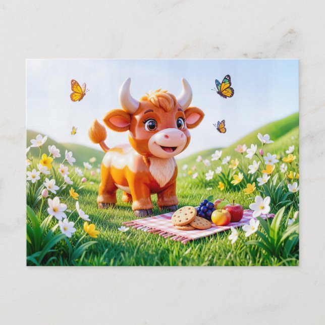 Söt 3D Oxen Zodiak Picknick Vykort (Framsida)