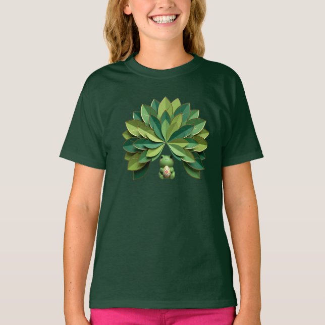 Söt 3D pappersklippt groda med blomsterliknande på T Shirt (Framsida)