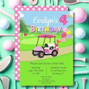 Söt 4-års födelsedag prickig rosa flickaktig golf  inbjudningar