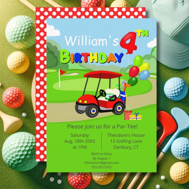 Söt 4-årsdag Röd golfkärra Pojke Inbjudningar (Skapare uppladdad)