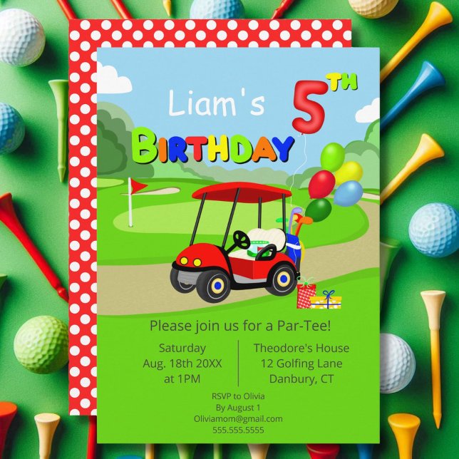 Söt 5-års födelsedag Röd golfkärra Pojke Inbjudningar (Skapare uppladdad)