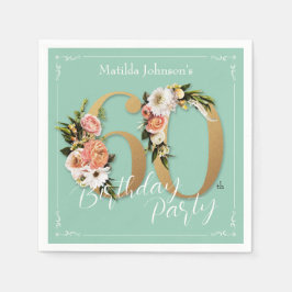 Söt 60:e födelsedagen Mint Guld Blommigt Glamous Pappersservett
