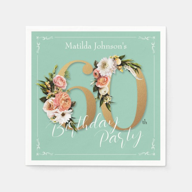 Söt 60:e födelsedagen Mint Guld Blommigt Glamous Pappersservett (Framsidan)