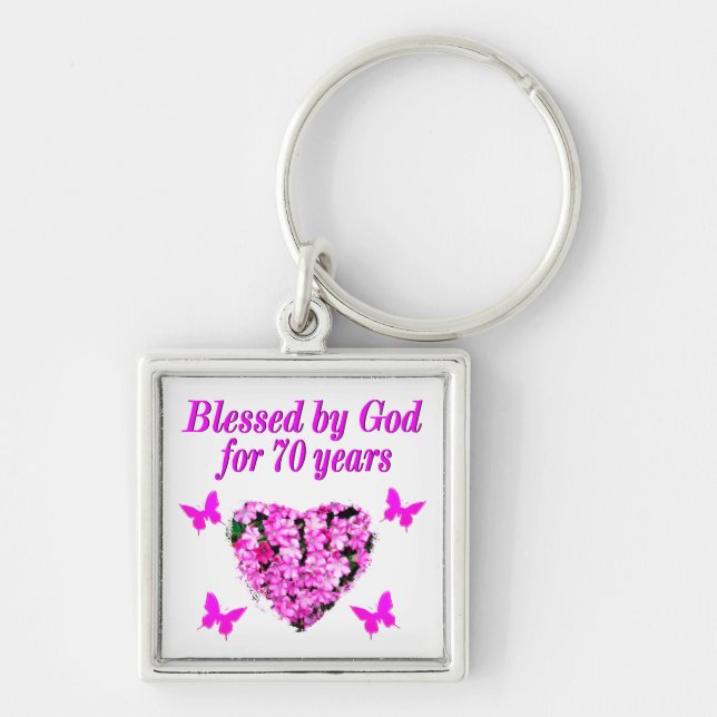 SÖT 70:E ROSA BLOMMIGT BIRTHDAY DESIGN FYRKANTIG SILVERFÄRGAD NYCKELRING (Framsidan)