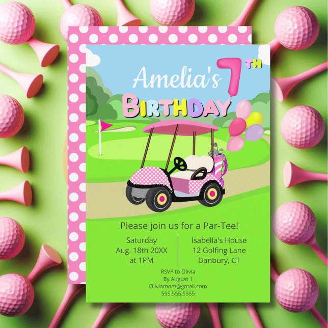 Söt 7-årsdag Prickig rosa flickaktig golf  Inbjudningar (Skapare uppladdad)