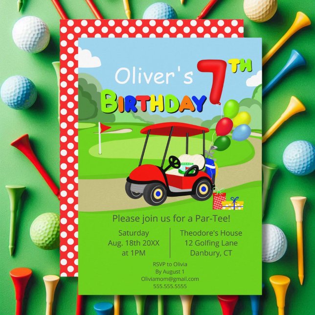 Söt 7-årsdag Röd golfkärra Pojke Inbjudningar (Skapare uppladdad)