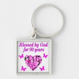 SÖT 90:E BIRTHDAY-BLOMMIGT FYRKANTIG SILVERFÄRGAD NYCKELRING