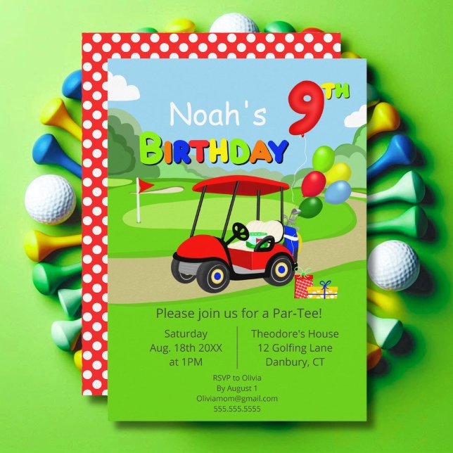 Söt 9-årsdag Röd golfkärra Pojke Inbjudningar (Skapare uppladdad)