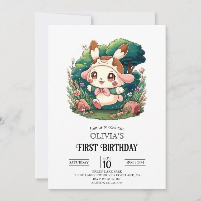 Söt Adsible Bunny 1:a Birthday Digital Inbjudningar (Framsida)
