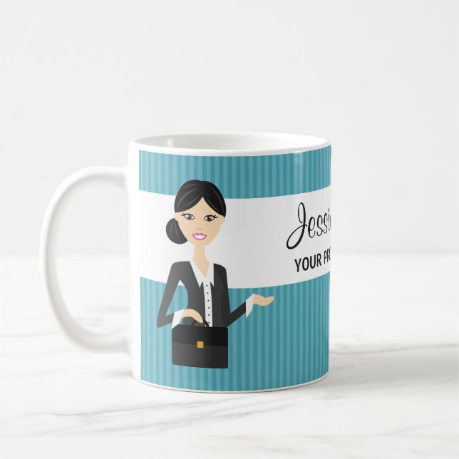 Söt affärskvinna illustration med svart hår kaffemugg (Vänster)
