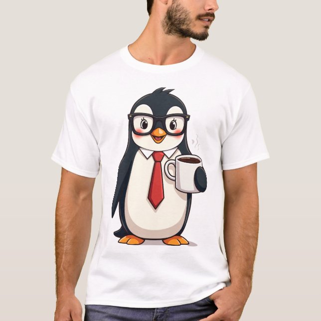 Söt affärspingvin med kaffeglasögon och slips t shirt (Framsida)
