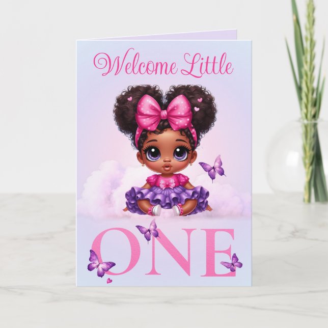 Söt Afro Babyflicka Pastell Fjäril Välkommen Kort (Framsida)