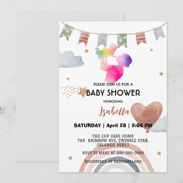 Söt afro MAMMA regnbåge stjärna ballong baby showe Inbjudningar (Fram/baksida)