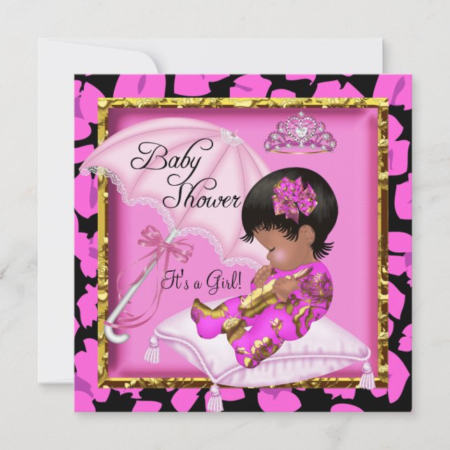 Söt afroamerikansk baby shower rosa leopard inbjudningar (Framsida)