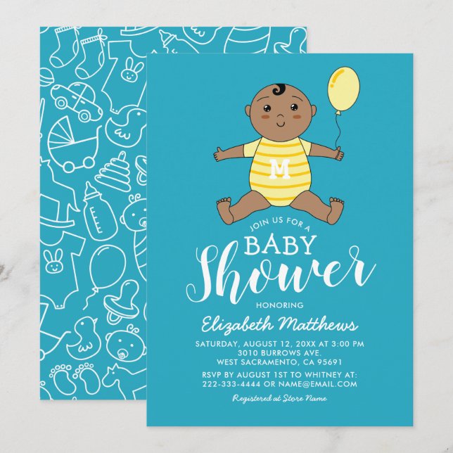 Söt afroamerikansk pojke baby shower inbjudningar (Fram/baksida)