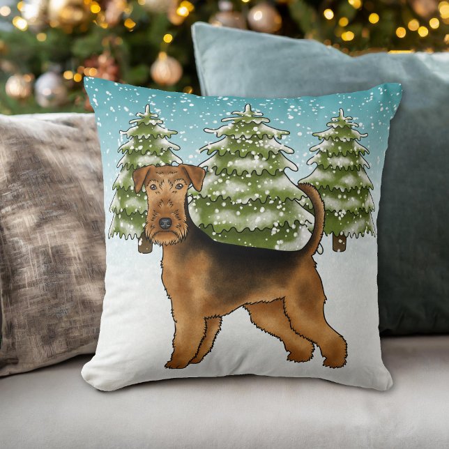 Söt Airedale Terrier-hund i snöig vinterskog Kudde (Please note: This image is a digital mockup. The product may not be in scale.)