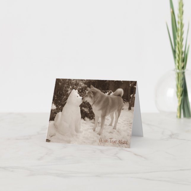 Söt akita kysser snögubbe akita-fotografi kort (Framsida)